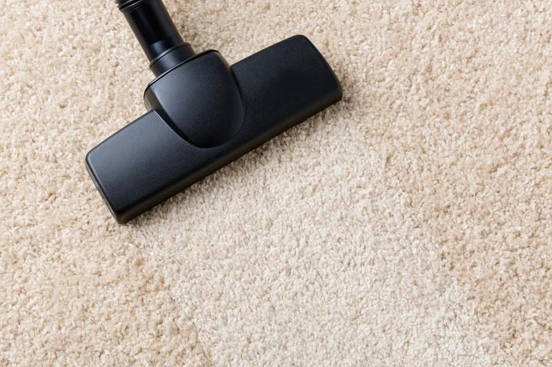 Black vacuum cleaner head on beige carpet surface