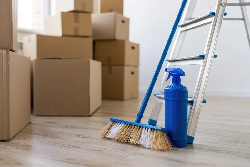 Blue broom and spray bottle leaning against ladder near stacked cardboard boxes on hardwood floor during home move