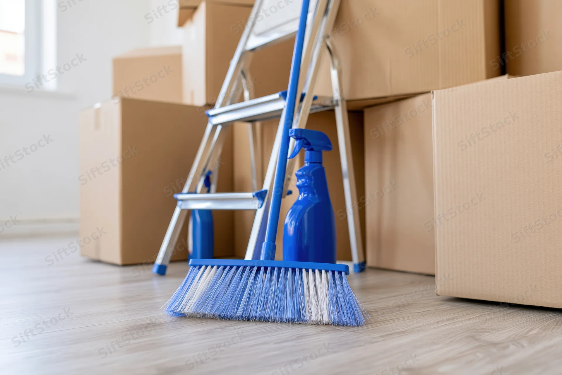 Blue broom and spray bottle leaning against a ladder beside stacked cardboard boxes on a wooden floor