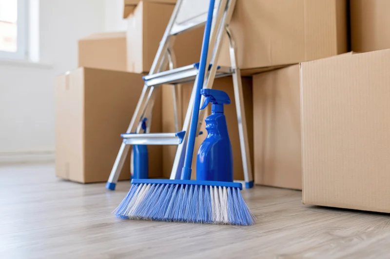 Blue broom and spray bottle leaning against a ladder beside stacked cardboard boxes on a wooden floor