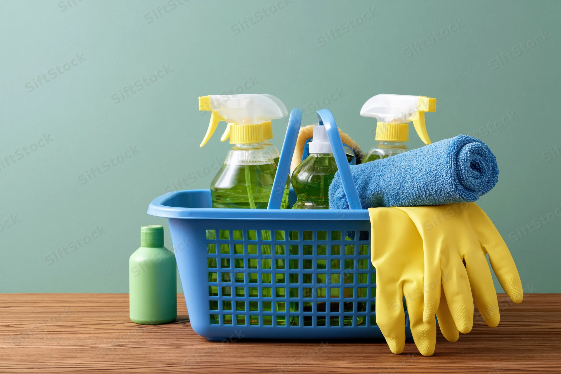 Blue plastic basket holding spray bottles, gloves and towel on wooden table