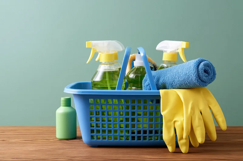 Blue plastic basket holding spray bottles, gloves and towel on wooden table