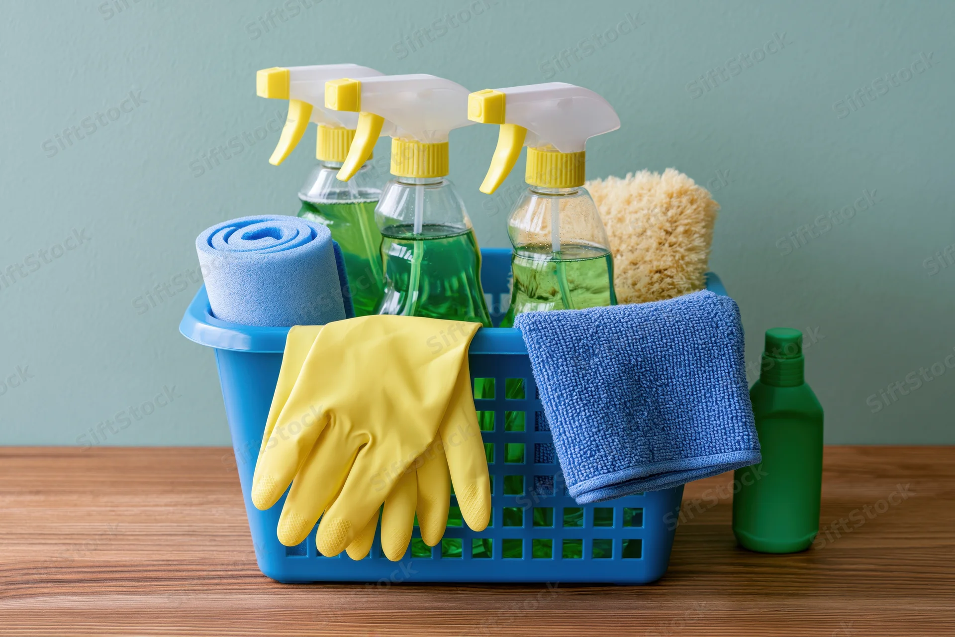 Blue plastic basket holding cleaning supplies including spray bottles, gloves, towels, and sponge on wooden surface