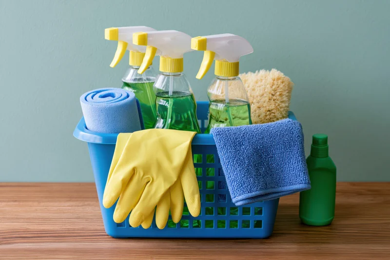 Blue plastic basket holding cleaning supplies including spray bottles, gloves, towels, and sponge on wooden surface