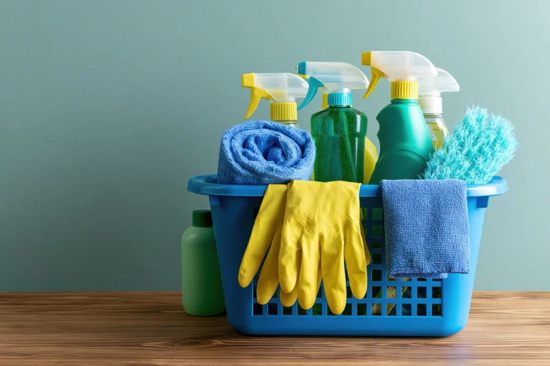 Blue plastic basket filled with cleaning supplies on wooden surface