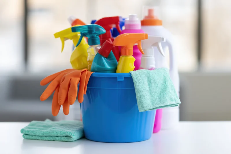 Blue plastic bucket filled with cleaning supplies and gloves on a white surface