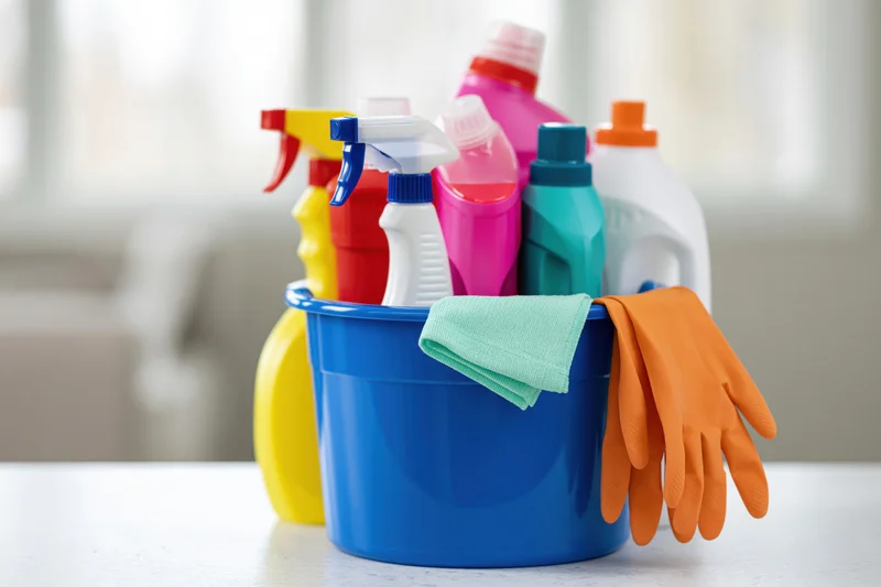 Blue plastic bucket filled with colorful cleaning bottles and gloves on a kitchen countertop