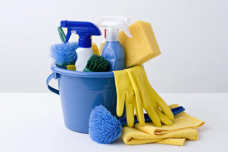 Blue plastic bucket filled with cleaning supplies including spray bottles, gloves, sponge, and brushes on white surface
