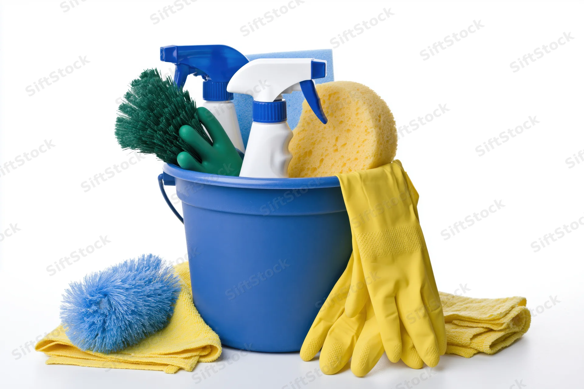 Blue plastic bucket filled with cleaning supplies including spray bottles, sponges, brushes, gloves and cloths on white background