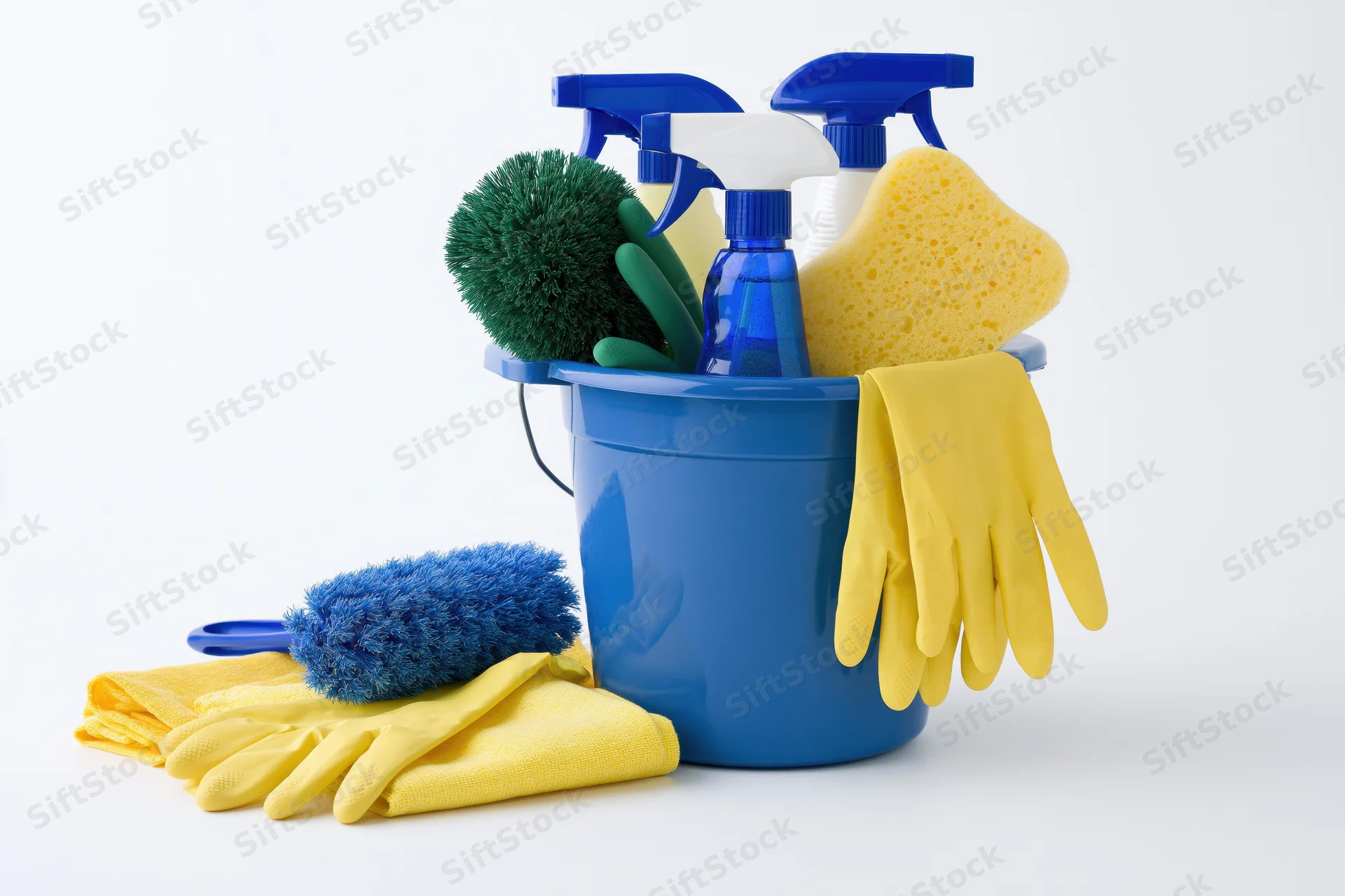 Blue plastic bucket filled with cleaning supplies including spray bottles, sponge, gloves, and brush on white background