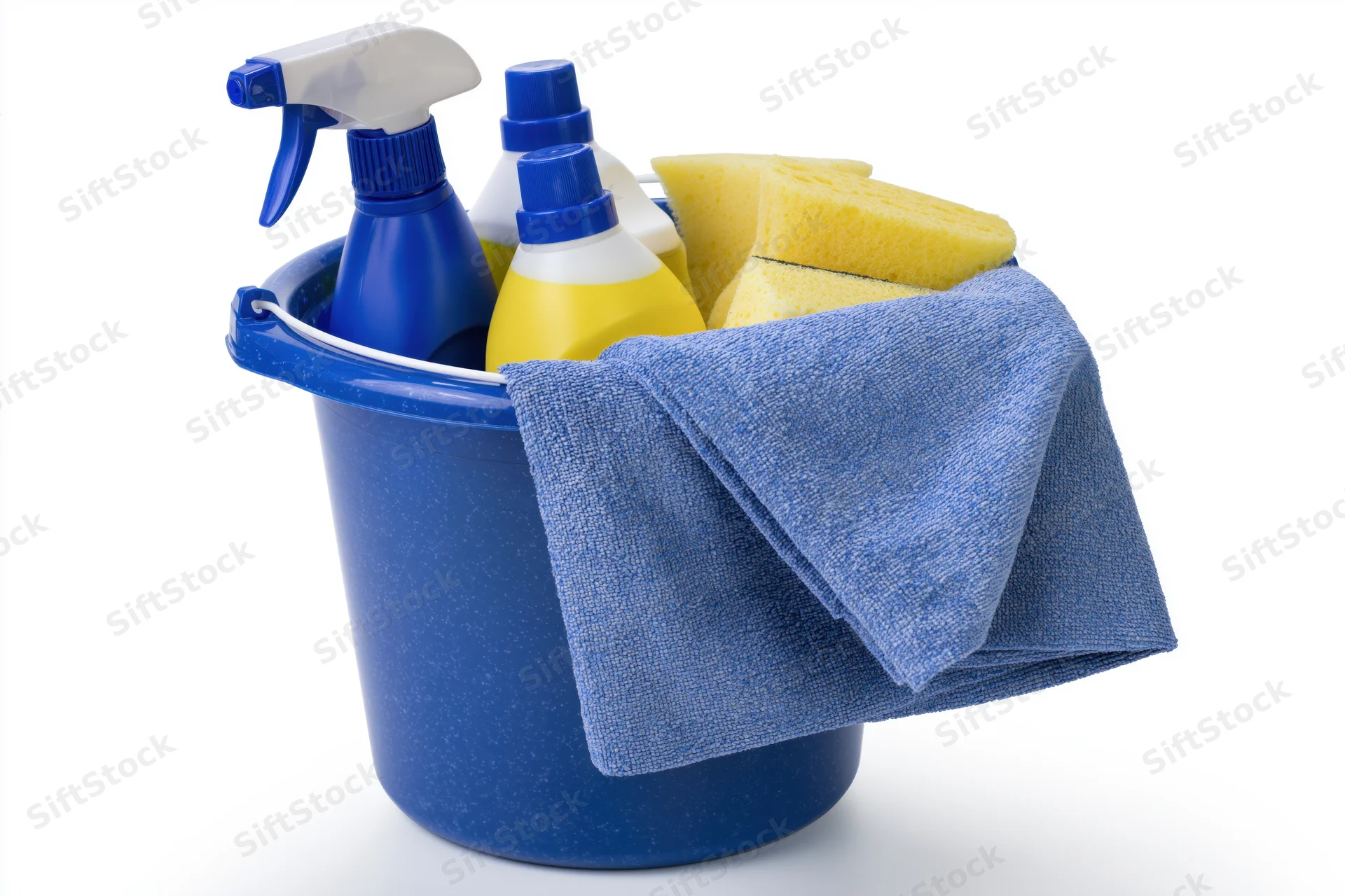 Blue plastic bucket filled with cleaning supplies including spray bottles, sponges and a towel on white background