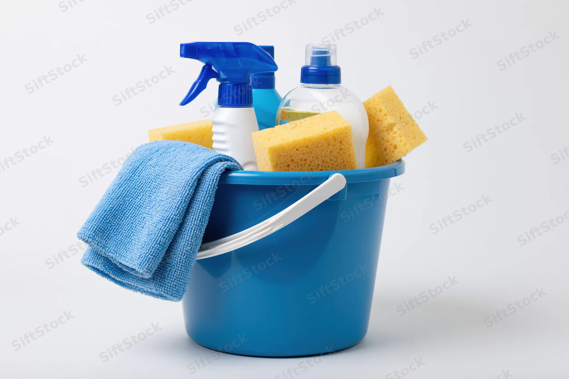 Blue plastic bucket filled with cleaning supplies including spray bottles, sponges and a towel on white background