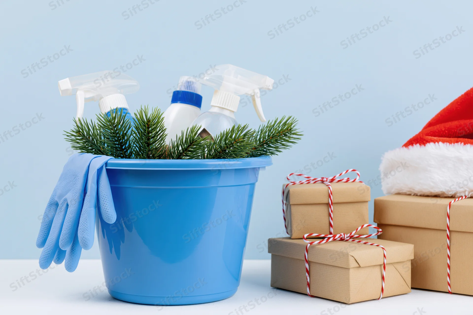 Blue plastic bucket filled with cleaning spray bottles and gloves beside wrapped gifts and a santa hat