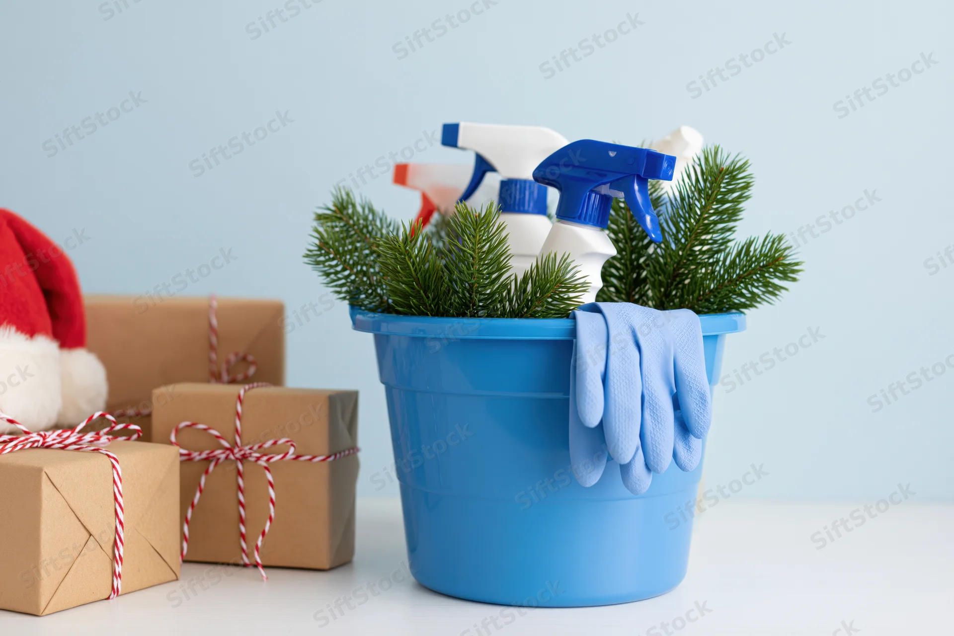 Blue plastic bucket filled with cleaning spray bottles and pine branches beside wrapped gifts and a santa hat on a white surface