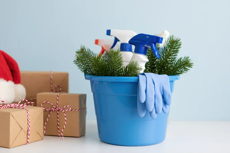 Blue cleaning bucket filled with spray bottles rubber gloves
