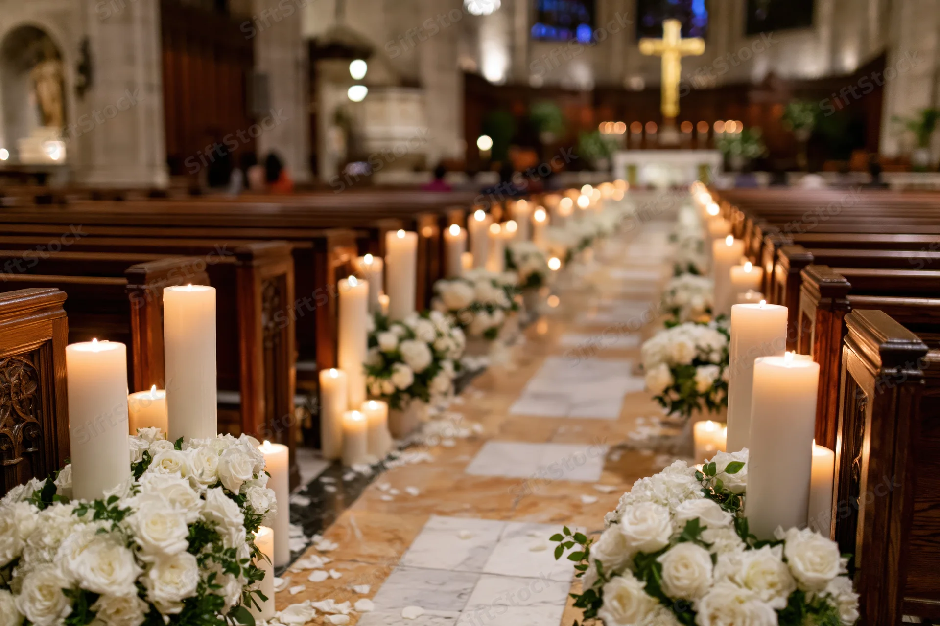 Wedding aisle decorated with white roses and candles in a catholic church interior