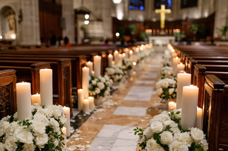 Wedding aisle decorated with white roses and candles in a catholic church interior