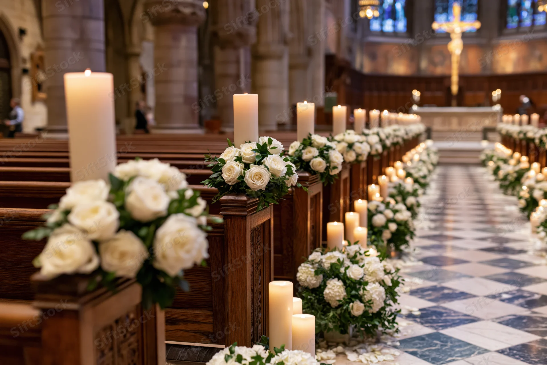 Wedding ceremony aisle in a catholic church decorated with white roses and candles along wooden pews leading to the altar