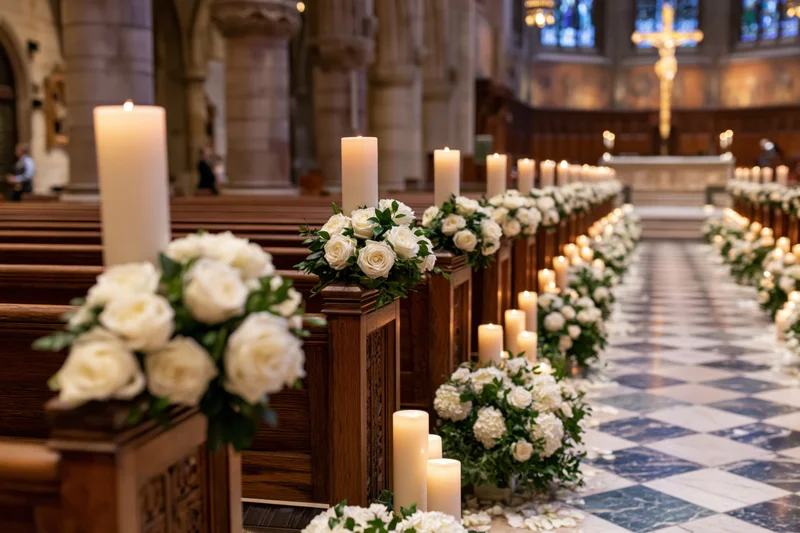 Wedding ceremony aisle in a catholic church decorated with white roses and candles along wooden pews leading to the altar