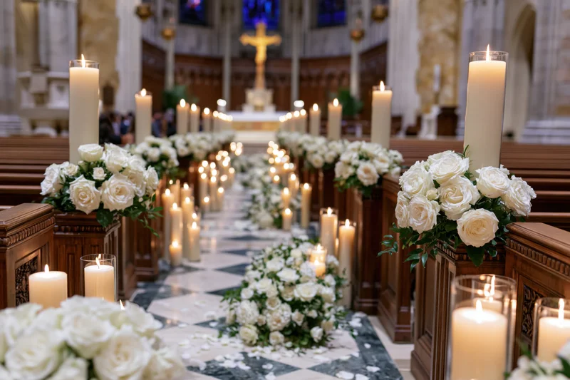 Wedding aisle decorated with white roses and candles in a catholic church interior