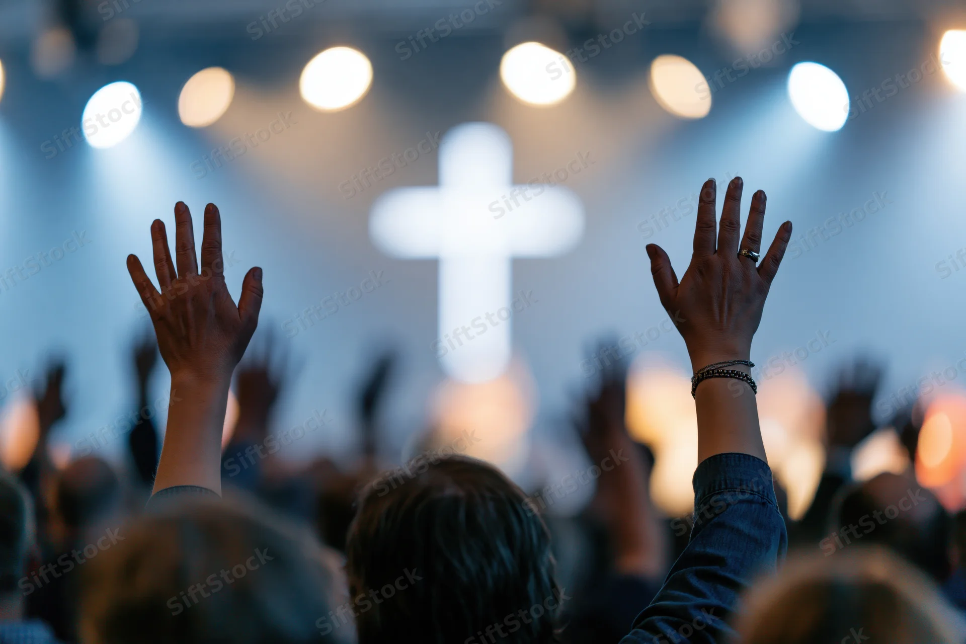 Congregation raising hands in worship facing illuminated cross on stage