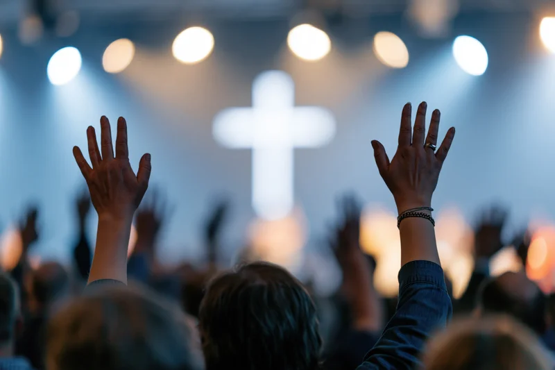 Congregation raising hands in worship facing illuminated cross on stage