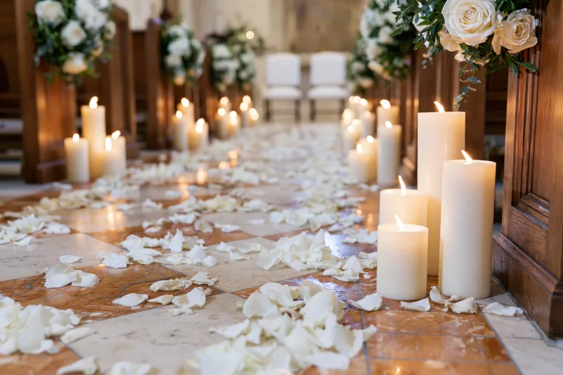 Wedding aisle lined with white candles and rose petals in a church interior