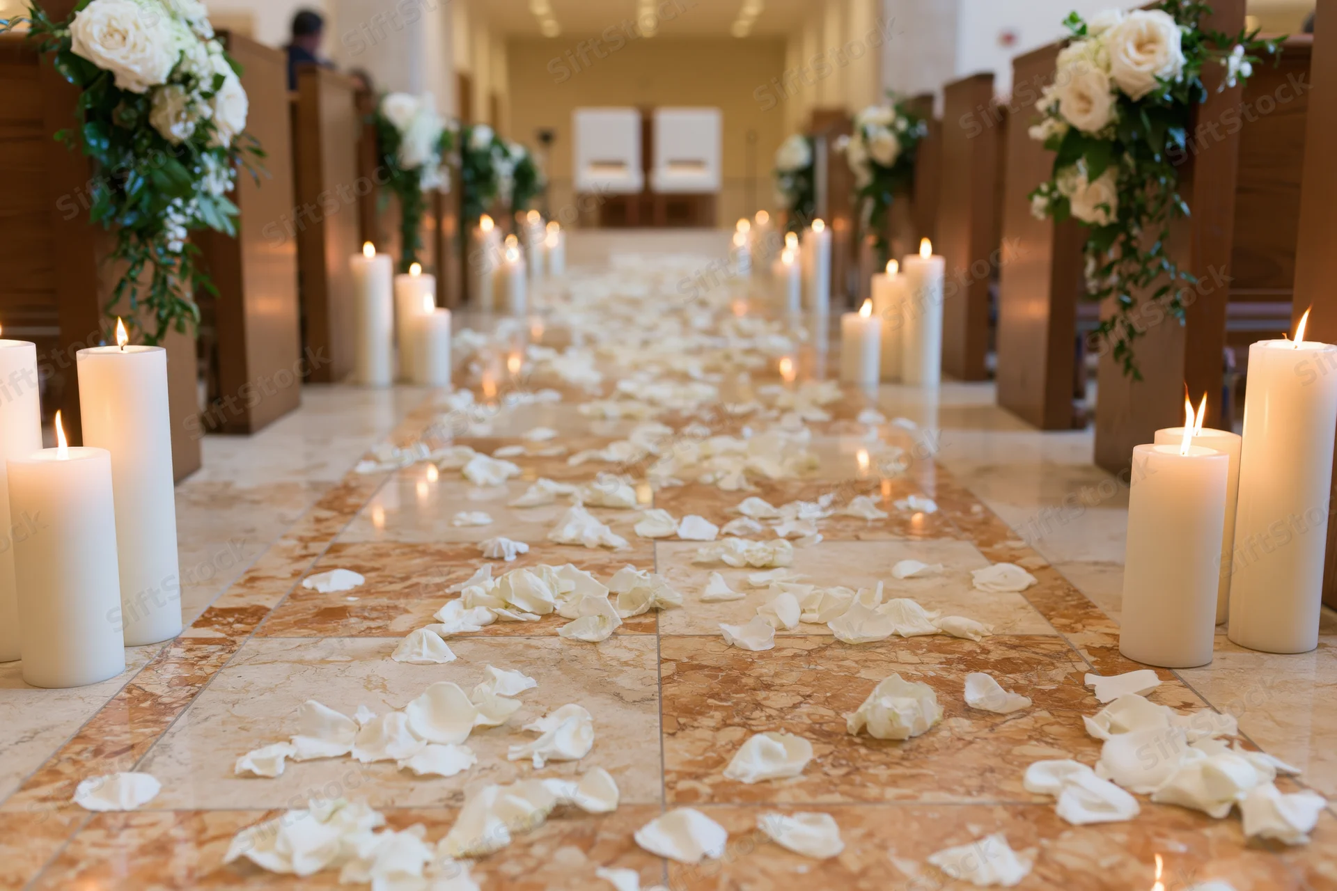 Wedding aisle lined with white candles and rose petals in a church interior