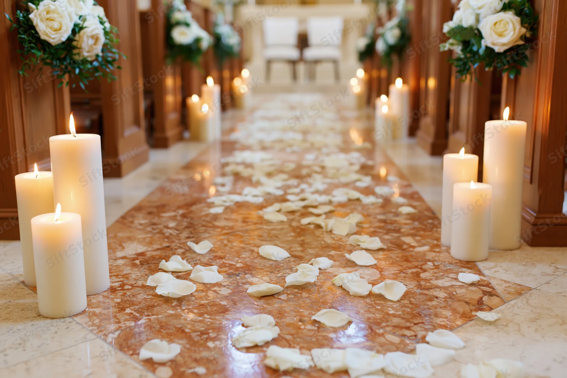 Wedding aisle decorated with white candles and rose petals in a church interior