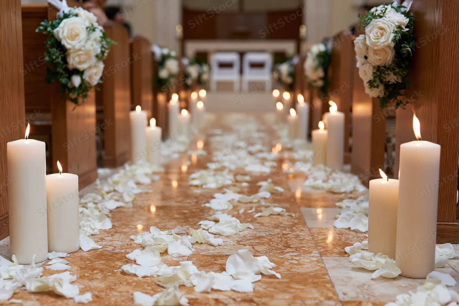Wedding aisle decorated with white pillar candles and rose petals in a church interior