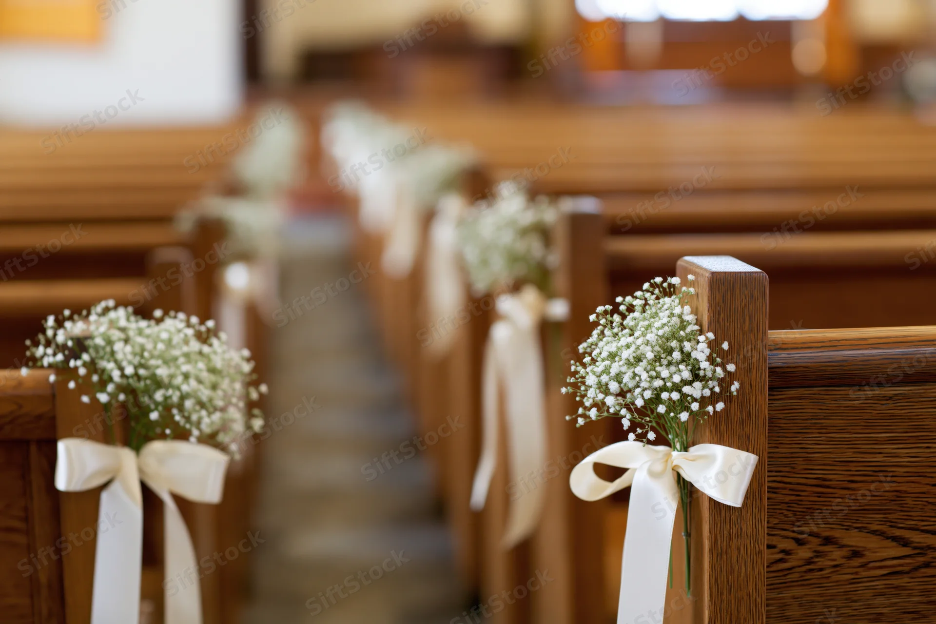 Wooden church pews lined with baby's breath and cream ribbons along a central aisle for a wedding ceremony