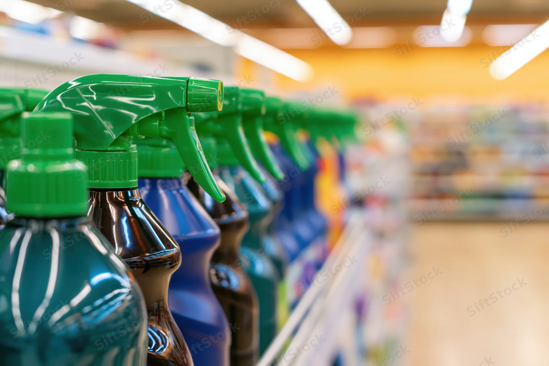 Cleaning spray bottles with green triggers lined on a supermarket shelf
