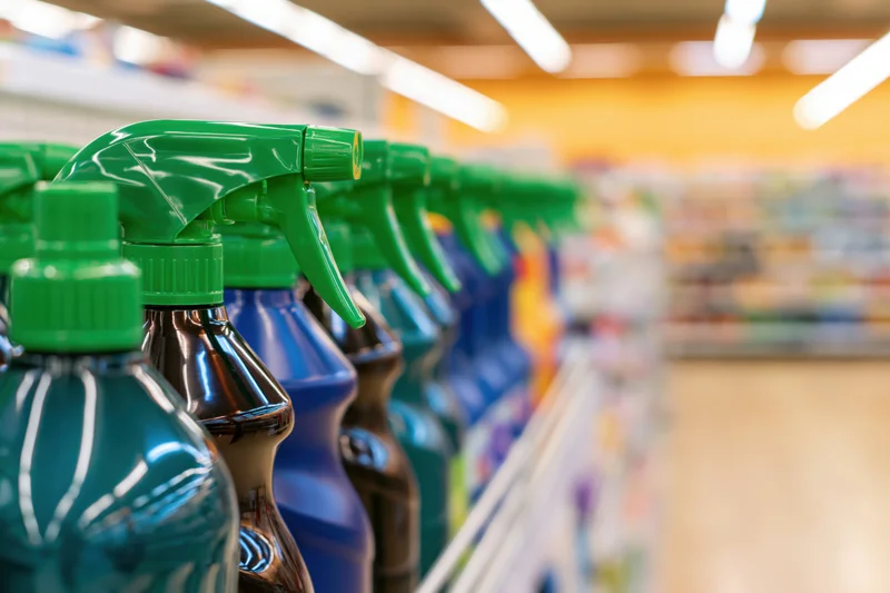 Cleaning spray bottles with green triggers lined on a supermarket shelf