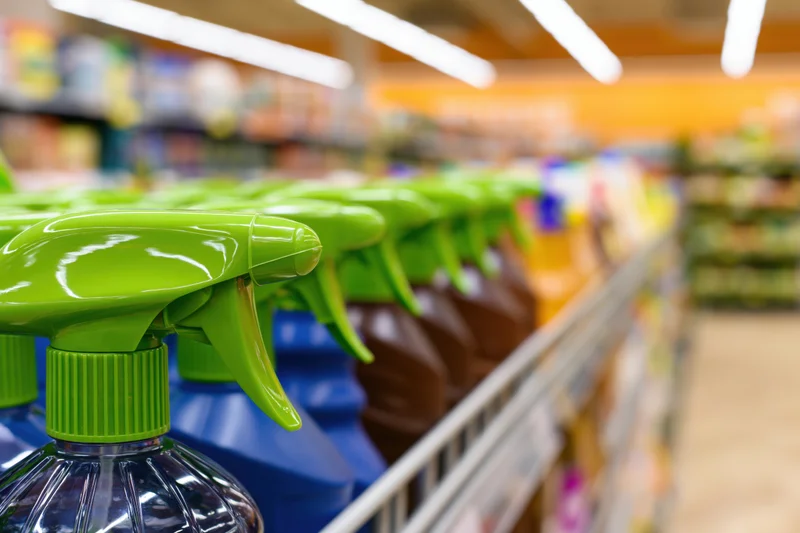 Cleaning spray bottles with bright green trigger nozzles lined up on supermarket shelves