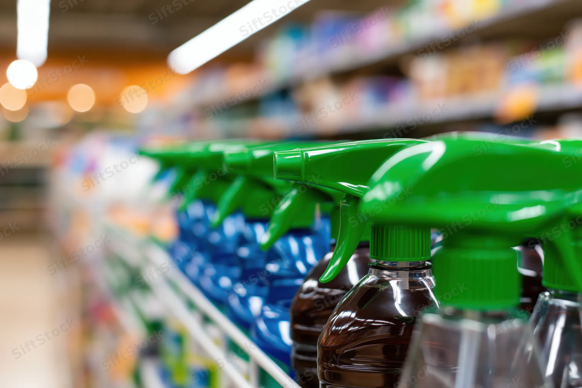 Cleaning spray bottles with green trigger nozzles lined on a supermarket shelf