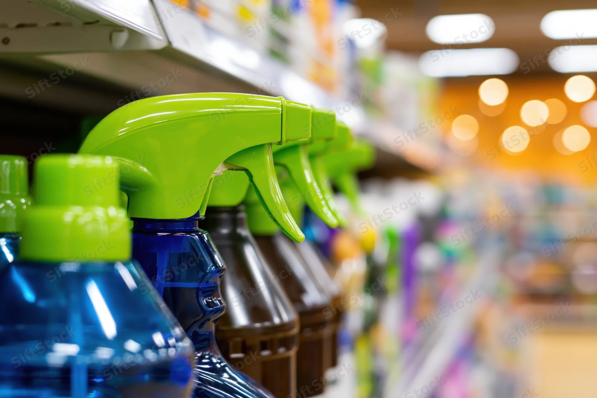Cleaning spray bottles with bright green trigger nozzles lined on a supermarket shelf