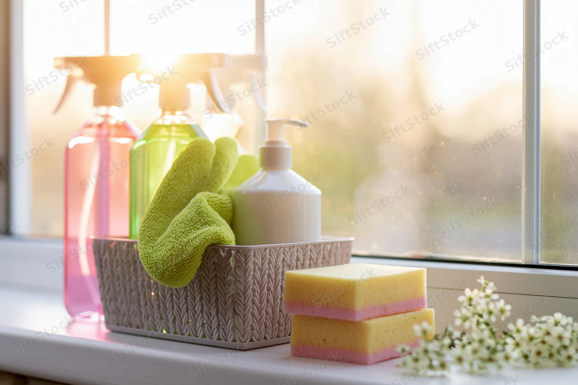 Cleaning supplies arranged on a white windowsill with sunlight and flowers