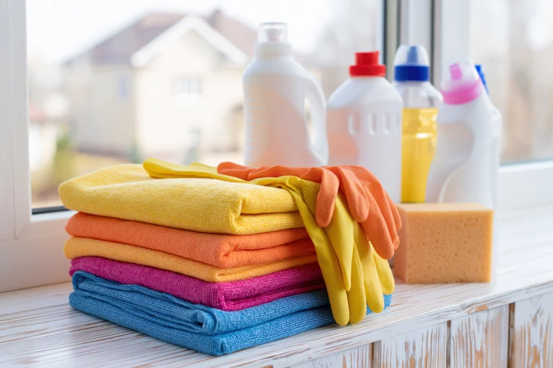Stack of colorful towels and cleaning supplies on a white wooden windowsill near a window