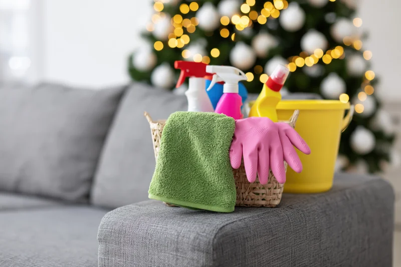 Cleaning supplies basket with gloves and towel on gray sofa arm near decorated christmas tree