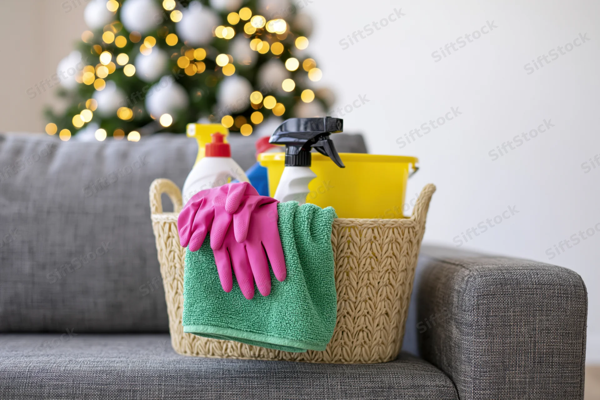 Cleaning supplies basket on grey sofa with christmas tree in background
