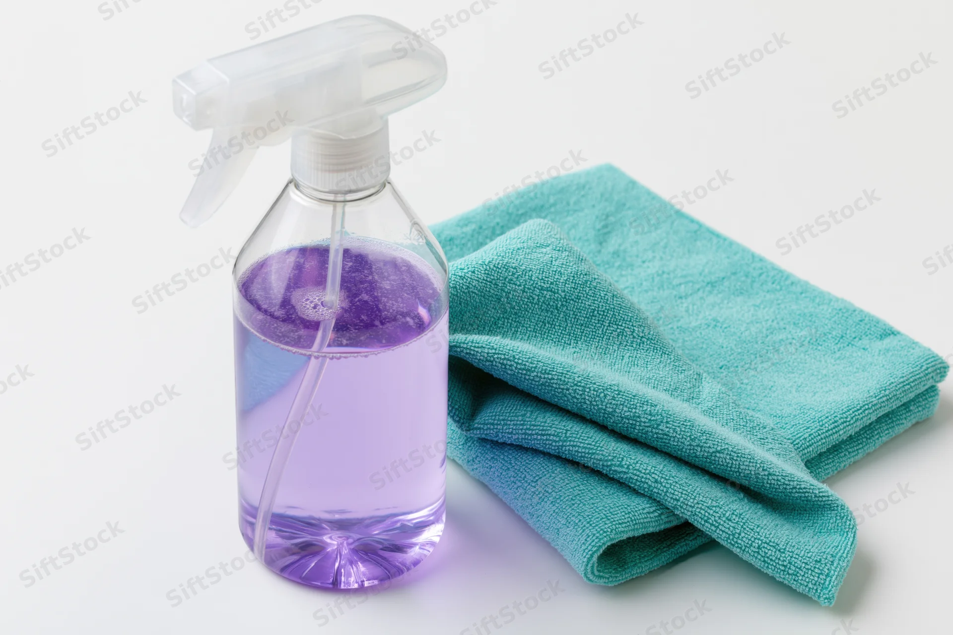 Clear plastic spray bottle with purple liquid next to folded teal microfiber towel on white background