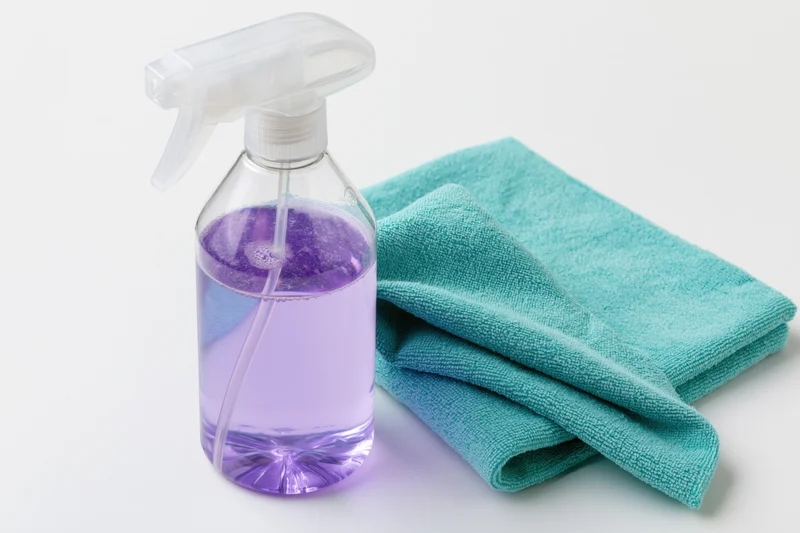 Clear plastic spray bottle with purple liquid next to folded teal microfiber towel on white background