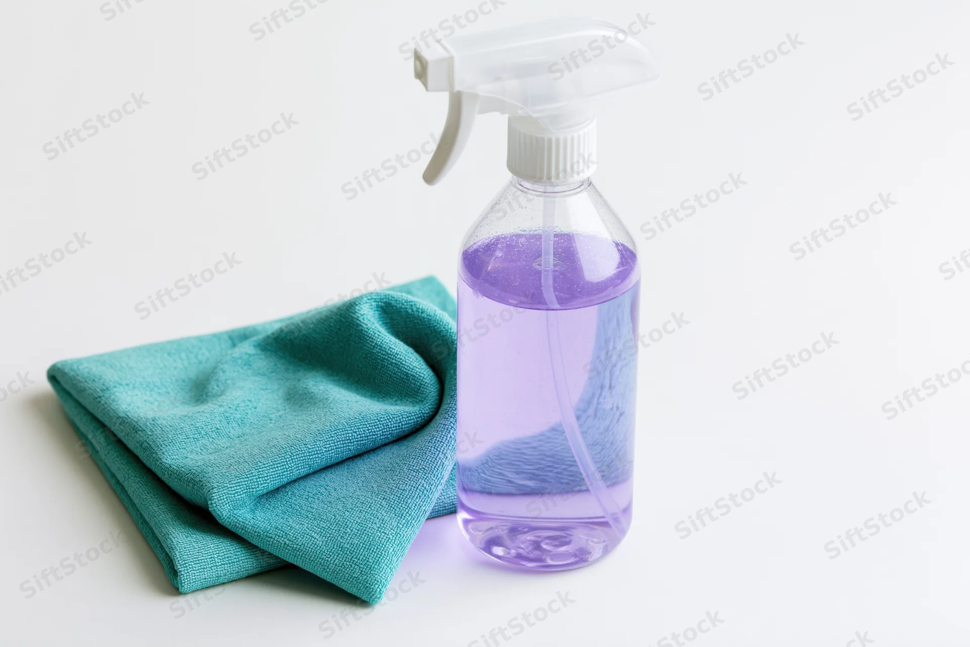 Clear plastic spray bottle with purple liquid and folded teal cloth on white surface