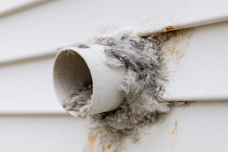 Clogged dryer vent pipe protruding from white vinyl siding with lint buildup