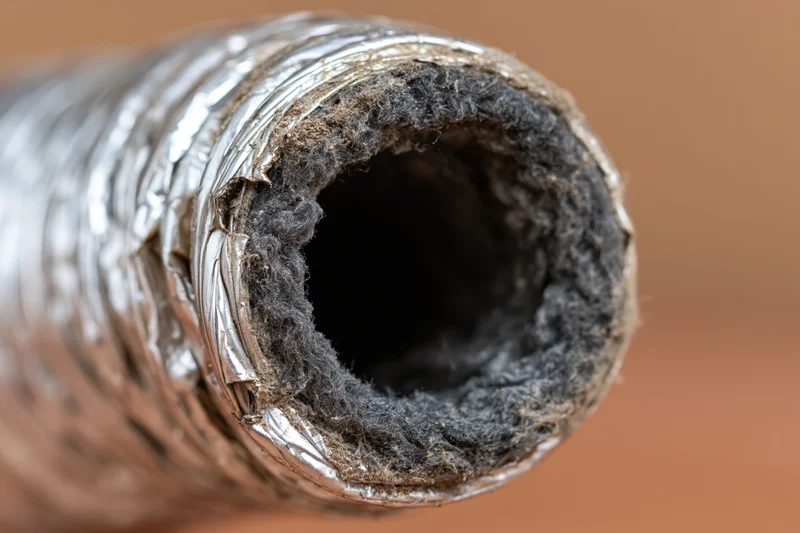 Close-up view looking directly into the open end of a flexible ventilation duct with exposed insulation and foil lining
