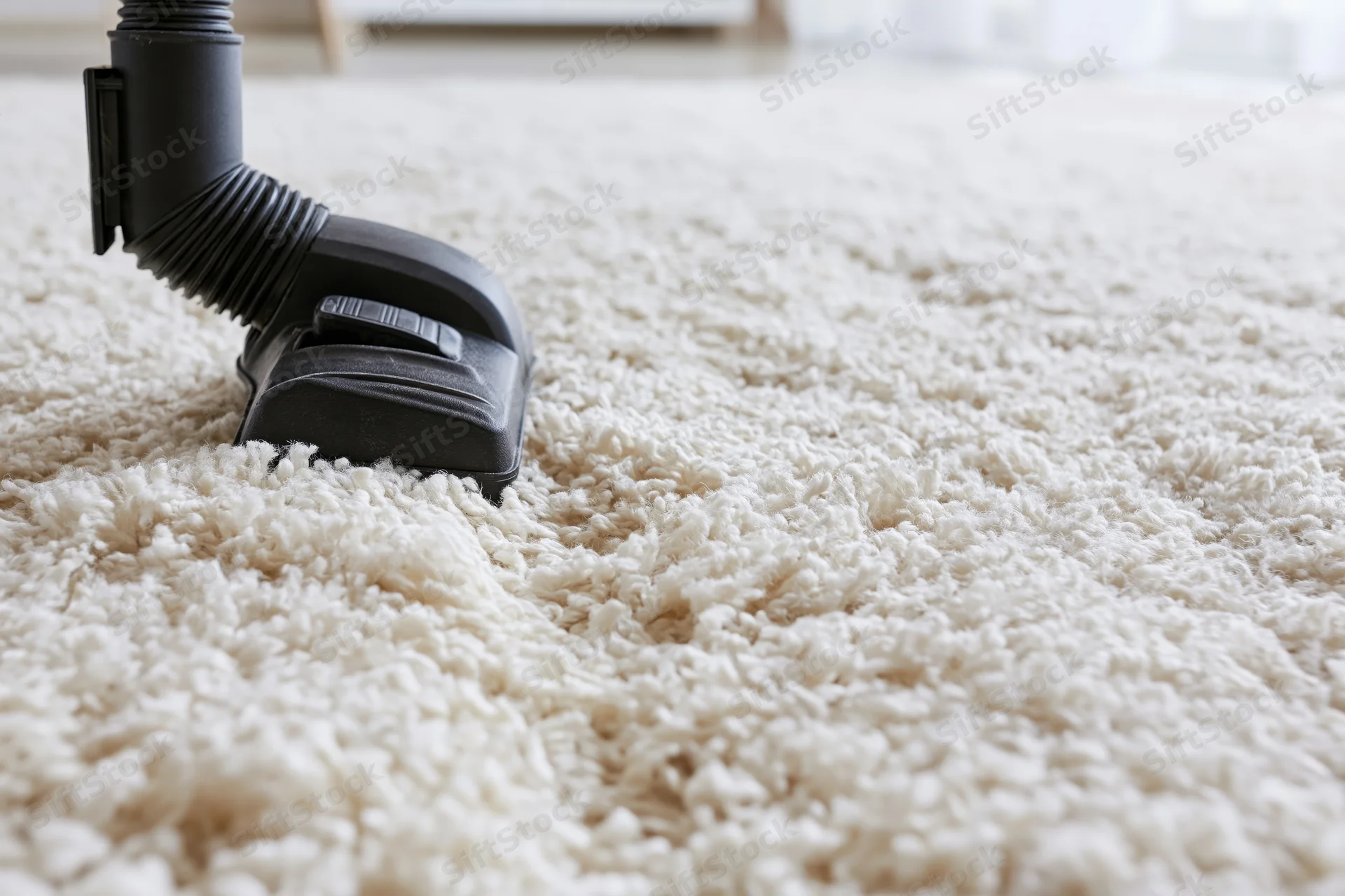 Black vacuum attachment cleaning beige carpet in living room interior