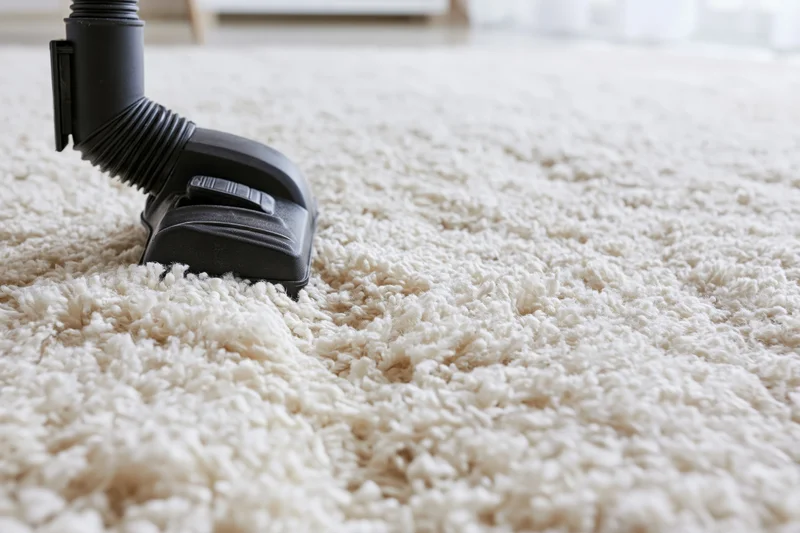 Black vacuum attachment cleaning beige carpet in living room interior