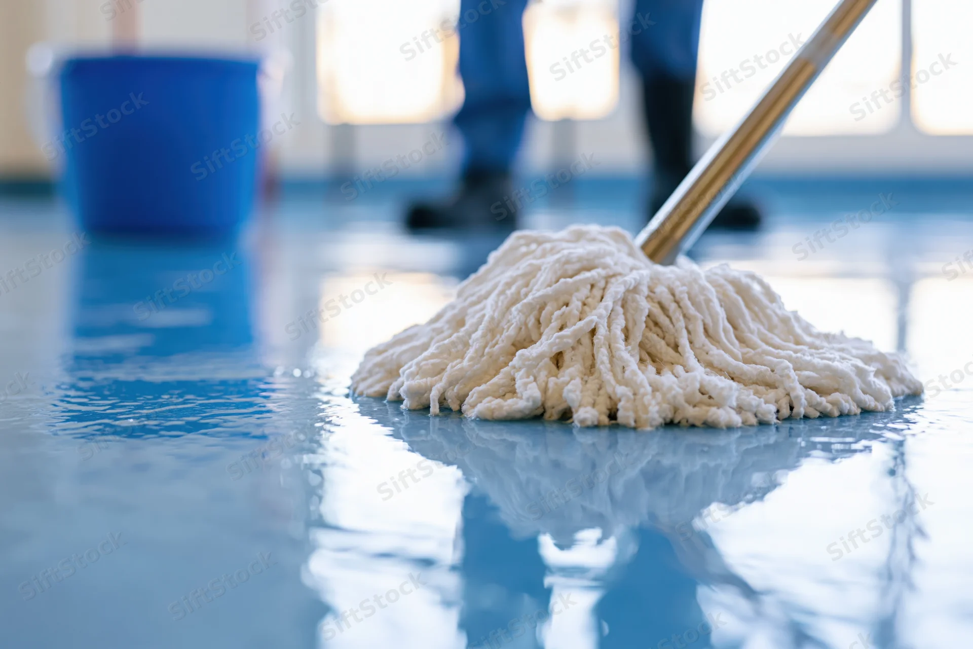 White microfiber mop head resting on wet reflective floor with blue bucket and janitor in background
