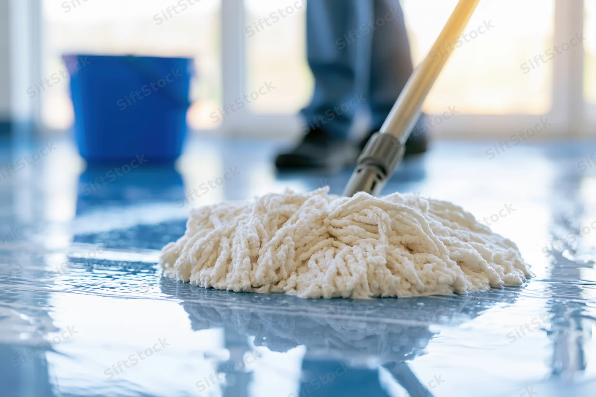 White microfiber mop head cleaning a wet reflective floor with a blue bucket in the background