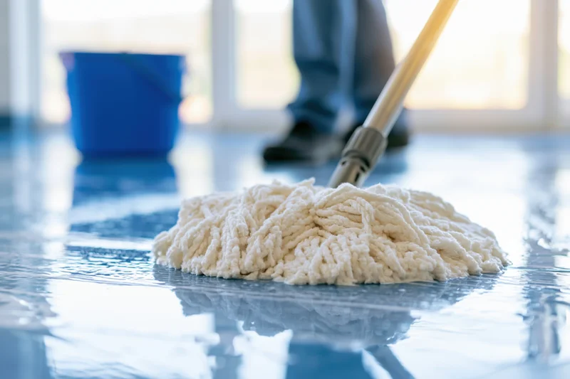 White microfiber mop head cleaning a wet reflective floor with a blue bucket in the background